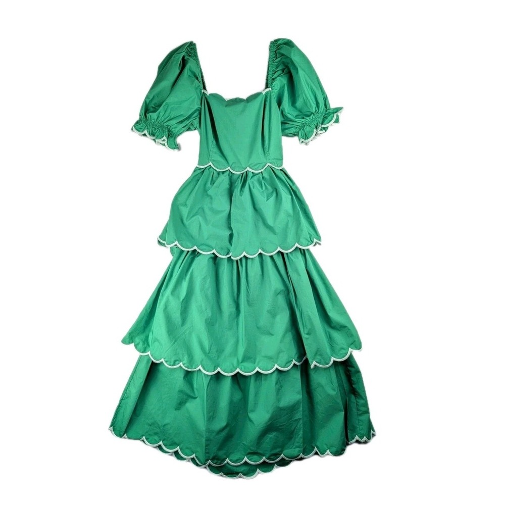 English Factory Maxi Dress Womens S Kelly Green Scalloped Tiered Puff Sleeve NWT